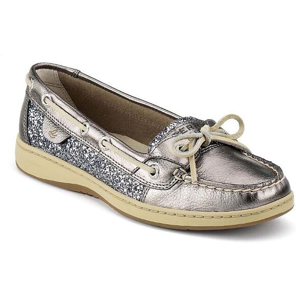 Sperry Silver Sparkle Angelfish Boat Shoe Casual Slip On Flats Size 8.5 Preppy - Picture 1 of 7